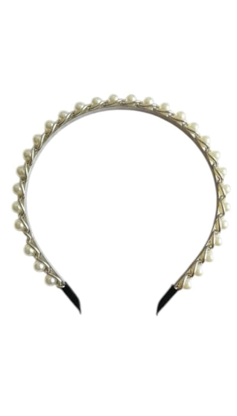 Pearl Headband, Metal Frame with White Pearls, Hair Accessory (Silver)