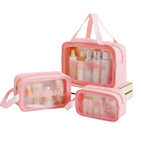 Next Store Waterproof Clear Makeup Bag Set, Practical Travel Organizers for Personal Care, Perfect for Storing Cosmetics, Toiletries, Makeup Brushes and Accessories in Style on the Go (Pink)