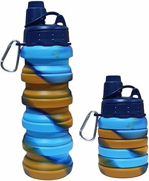 Sports Water Bottle (500ml Collapsible Silicone Water Bottles, Expandable Portable Sports Water Bottle with Carabiner, Leak Proof and Reusable, Blue Camo)