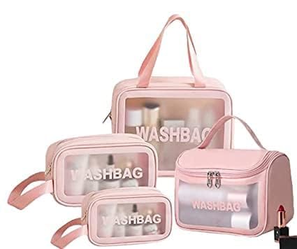 Salepush Cosmetic Wash Bag Makeup Pouch Travel Transparent Toiletry Zipper Bag with Handle Household Grooming Kit Portable Organizer Pouch for Women, Men., 3 pcs combo-1 hanging wash bag -pink