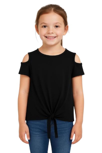 Girls Cold Shoulder T-Shirt with Front Tie Detail, Casual Summer Top