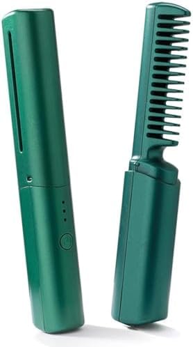 2 in 1 Portable Cordless Electric Hair Straightener Brush, Mini and Light, 3 Adjustable Temperature, Negative Ion Technology Ceramic Design, Easy to Straighten Hair and Beard for Travel (Green)