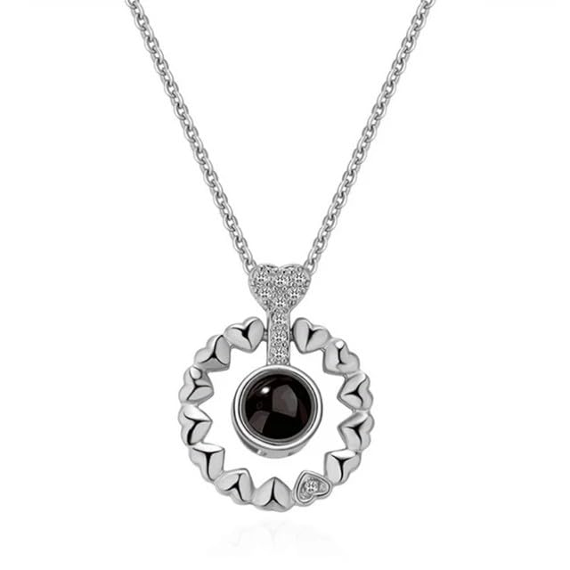 Retro Rounded Hearts 925 Sliver 100 Languages I Love You Projection Pendant Couple Necklace For Lovers 2023 Trendy Couple Romantic Jewelry (Silver)