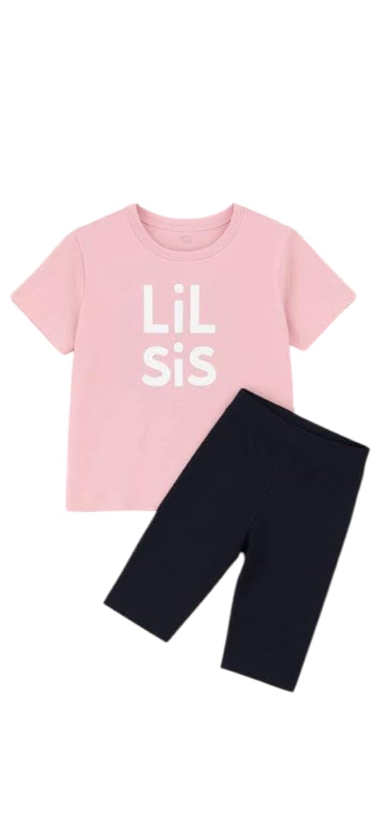 Baby Clothes Set, Pink T-Shirt with 'LIL SIS' Print, Black Shorts, 2 Pieces