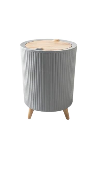 Modern Rotating Waste Basket Wooden Legs Plastic Trash Can with High-End Design and Airtight Lid Mr (Gray)