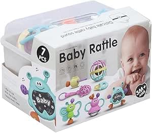 TRUE FIT®Baby Rattles & Toys, 7 Pieces, Storage Box, Suitable for Babies from 3 Months, Butterflies and Smiling Creatures, Safe Material for Kids by Fantastic-Kids-Toys-MULTI COLOR