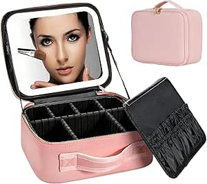 Travel Makeup Case - Large Cosmetic Bag with Bright LED Mirror and Removable Dividers, Designed for On-the-Go Beauty Routines in Soft Pink