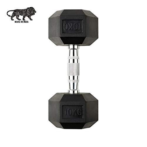 Hexagonal 10kg Rubber Coated Fixed Dumbbell Single Piece for Home and Commercial Use Fitness and Exercise, Black