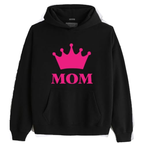 Women's Hoodie with Crown MOM Print, Black with Pink Design, Pullover Sweatshirt Size(XL)