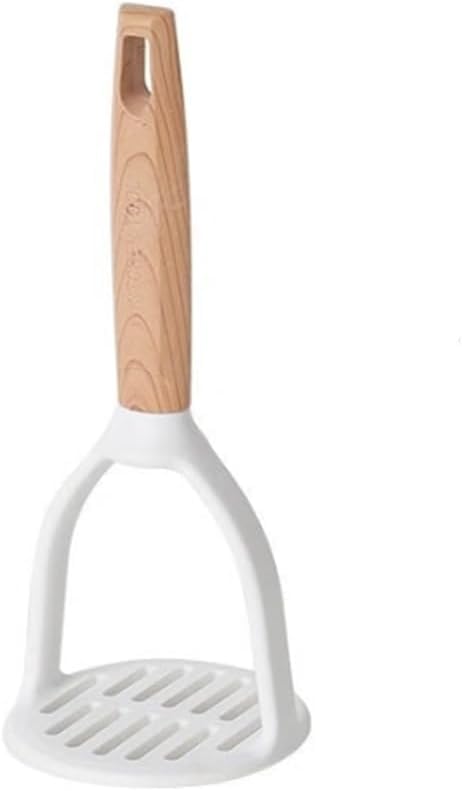 Kitchen Potato Masher with Wooden Handle, White Plastic Head, Ergonomic Design