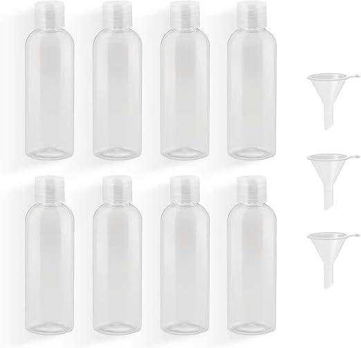 8-Piece Travel Bottles Set, 100 ml Plastic Bottle with 3 Small Funnels, Transparent Empty Cosmetic Travel Container, Mini Air Bottles, PET Shower Gel Container, Cosmetic