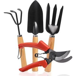 Garden Tool Set, 4-Piece, Wooden Handle with Trowel, Cultivator, Pruning Shears and Fork