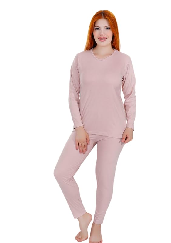 Women's Thermal Pajama Set by Na3om - Soft Cotton Interlock Winter Warm 2 Piece Long Sleeve Loungewear, Comfortable Sleepwear Top & Pants, Size XL-5XL