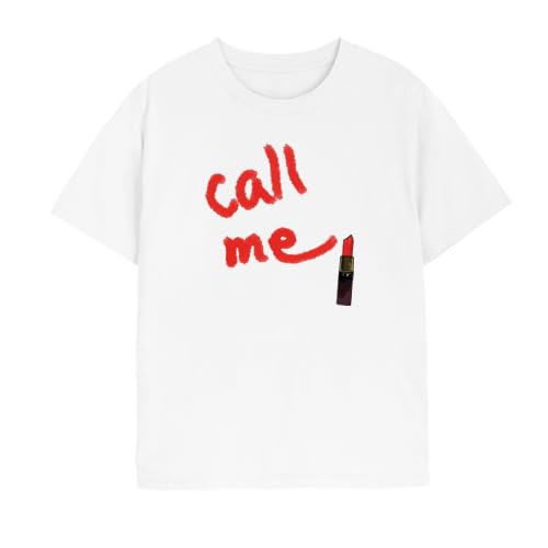 Women's Graphic T-Shirt, White, 'Call Me' Lipstick Print, Casual Style, Crew Neck (size S)