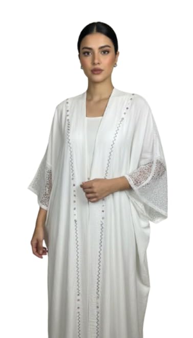 Zeeline Tamara Viscose Beaded Kaftan for Women - Elegant Open Front Abaya with Embroidered Bell Sleeves, Modest Maxi Kimono Overgarment