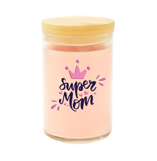 Scented Candle, Pink, Glass Jar with Wooden Lid, Crown Design Super Mom