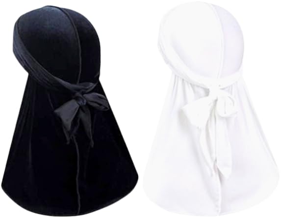 All seasons Durags Durags for Men, 2 Pack Designer Long Tail Beanies Doo Rags Caps, Soft Wide Straps Do Rags Cap for Waves (Black and white)