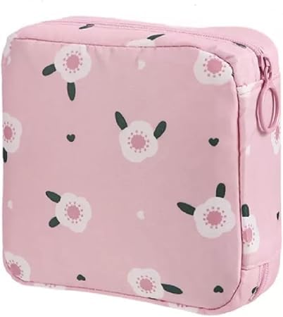 Storage Bag Menstrual Cup Pouch Nylon Portable Sanitary Napkin Pads Storage Bags Feminine Menstruation First Period Bag for Teen Girls Women Ladies (One Pack, Pink) (Flowers)