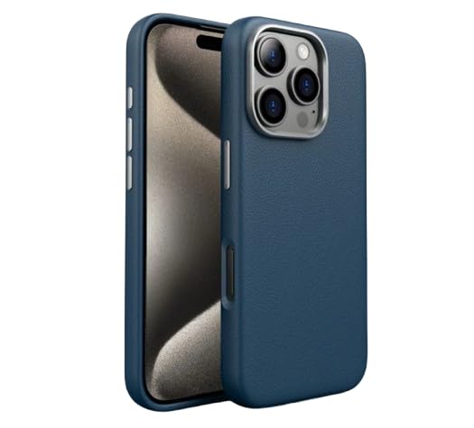Next Store Premium PU Leather Case Compatible with iPhone 16 Pro Max - Stylish Shockproof Anti-Scratch Design - Metal Frame Camera Lens Protection (Blue)