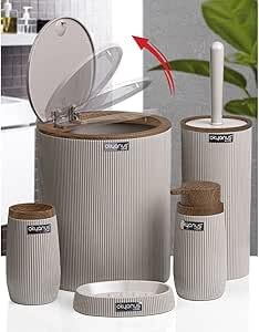 home bathroom set of 5 pieces, circular, striped, ocean - wooden