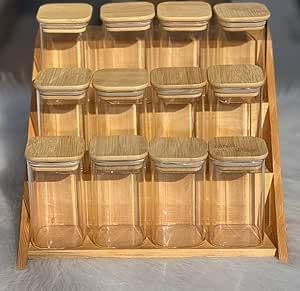 Acrylic Spice Jars with Wooden Rack, 12-Piece Set, Clear, Bamboo Lids, Kitchen Organiser