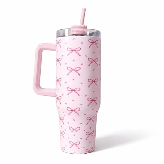 Pink Travel Mug with Stylish Bow Design – Practical Thermal Cup for Drinks – Suitable for Coffee, Sports, Yoga – Perfect Gift for Mom and Friends