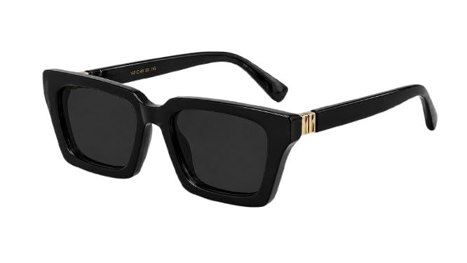 Square sunglasses, black frame with gold accents, dark lenses, classic unisex design, men and women