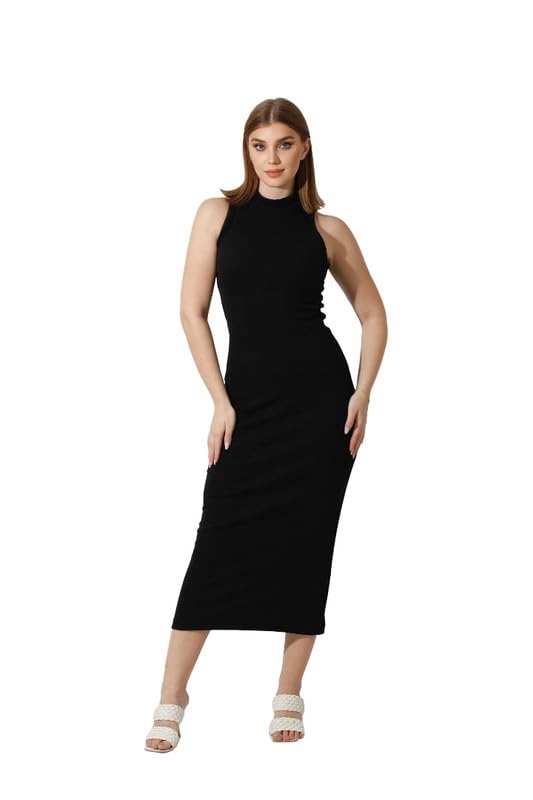Women Slinky High Neck Midi Sleeveless Dress