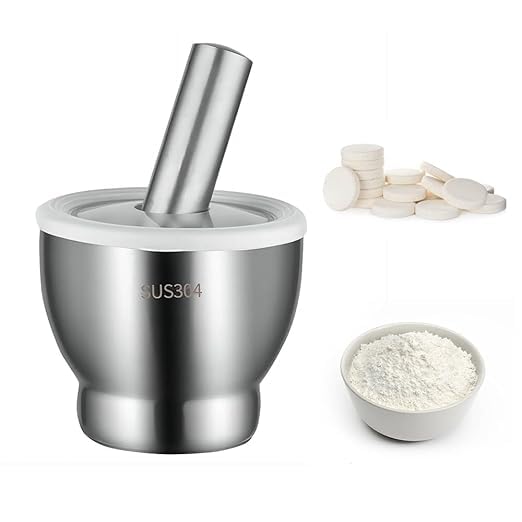 Stainless Steel Pill Crusher, 304 Food Grade Safe Spice Grinder Mortar and Pestle, Easily Crush Medicine Pills Tablets Vitamins to Fine Powder for Adults, Seniors, Dogs, Pets