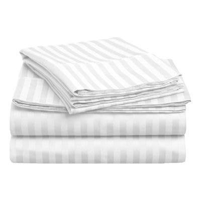 Premium Cotton Striped Bed Sheet Set, White, 200 Thread Count, 3 Piece with Fitted Sheet and Pillowcases (180x200cm)