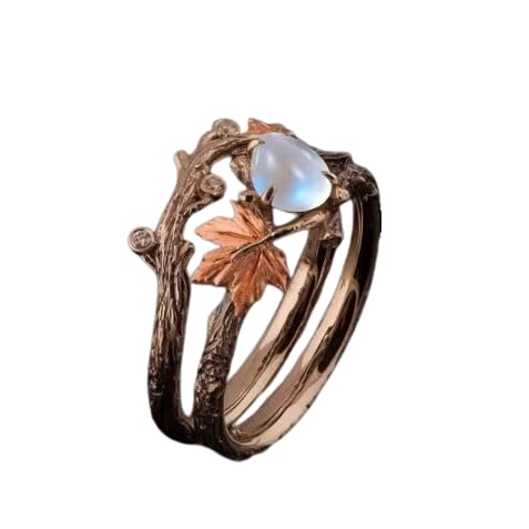 Vintage Moonstone Ring with Maple Leaf Design, Antique Bronze Twig Band, Anniversary Gift