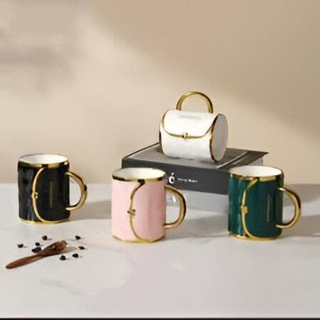 Home Mug - Handcrafted ceramic round purse-shaped cup offering unique aesthetics with lid and spoon, suitable for coffee rituals, relaxing tea, hot cocoa, or cappuccino with friends (4pcs)
