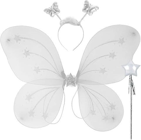 TRUE FIT®- Butterfly Fairy Angel Wing, Wand And Headband Set,Costume For Girls Kids Angel For Butterfly Wings- Set Of 3,SatinMulticolor