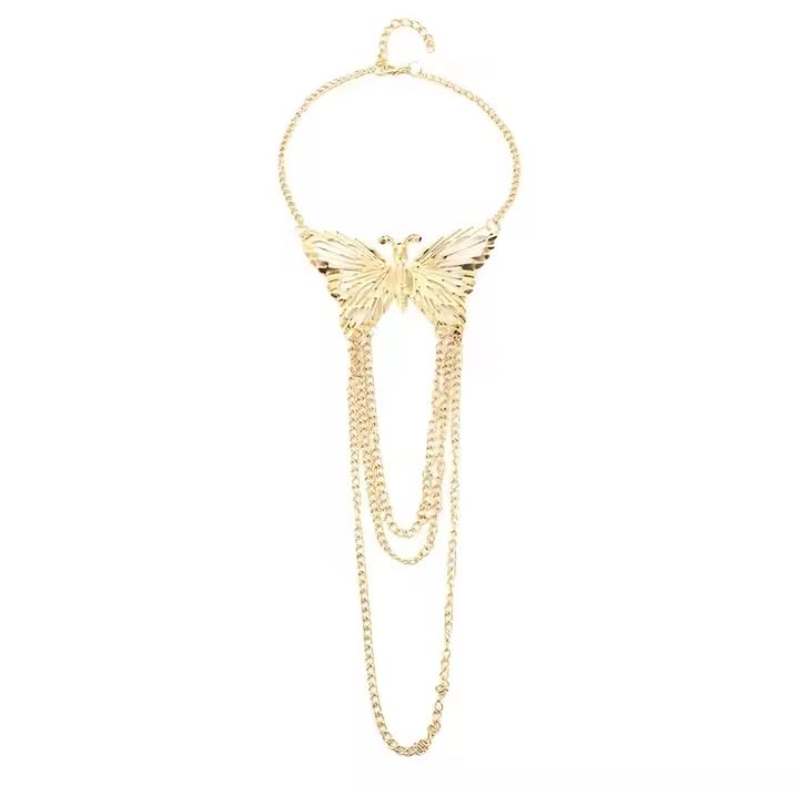 Gold Butterfly Upper Arm Bracelet with Layered Tassel Chain For Women