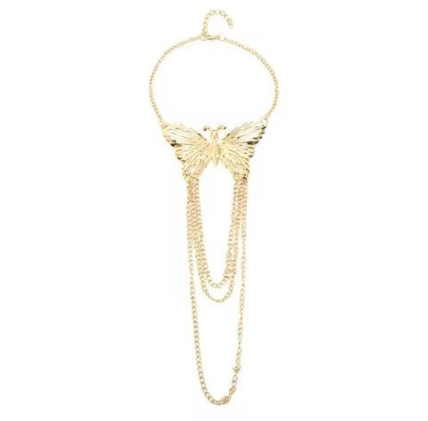 Gold Butterfly Upper Arm Bracelet with Layered Tassel Chain For Women
