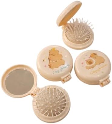 Capybara Mini Folding Hair Brush with Mirror, Compact Travel Comb, Cute Animal Theme-L-90 (beige)