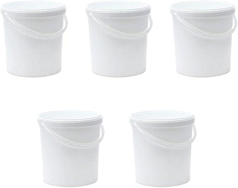 Meridian Plastic Buckets with Lid, 20 Litre, Food Grade Plastic, Storage with Ergonomic Handle, White, (Pack of 5)