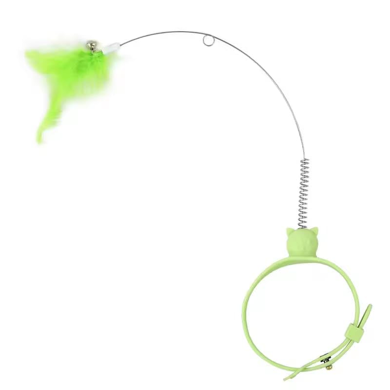 Adjustable Feather Teaser Cat Collar Toy Interactive Self-Play Wand with Retractable Steel Wire & Bell for Indoor Cats and Kittens (Green)