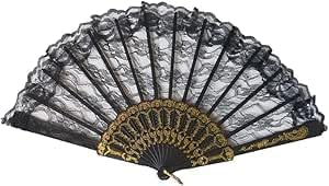 Spanish Fabric Hand Fan Silk Lace Folding Hand Fan (Black)