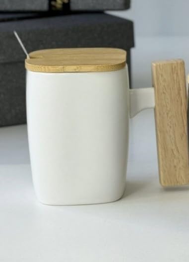 Downtown 400ml Square Ceramic Coffee Mug with Bamboo Lid and Handle, White Cup with Metal Stirring Spoon, Geometric Design Modern Mug for Hot and Cold Beverages in Home or Office