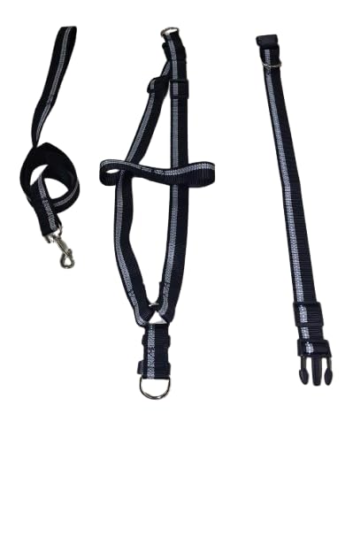 3-in-1 Kit Reflective Adjustable (Matching Leash, Collar, Harness) For Dogs (Black & Grey, Large and Xlarge Breed)