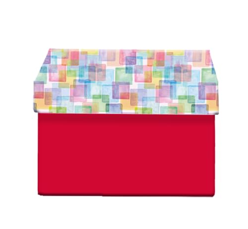 Decorative Gift Box with Lid, Red and Multicolour, Watercolour Square Pattern, Storage and Gifting Size (22.5x30x9)
