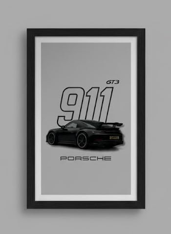Porssche 911 GT3 Car Wall Art Print, Black and White Abstract Design, 40x30 cm Portrait, Framed Acrylic, Modern Home Decor