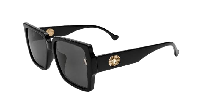Square Sunglasses, Frame with Plaid Detail, Lenses, Gold Accent, Retro Style