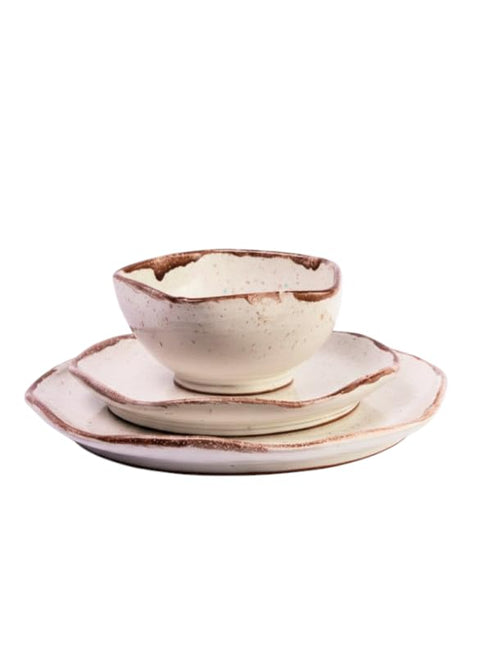 CasaHome 3-Piece Pottery Dinnerware Set, Bowl + Salad & Dinner Plates, Rustic Wavy Rim, Ivory Speckle with Brown Edge