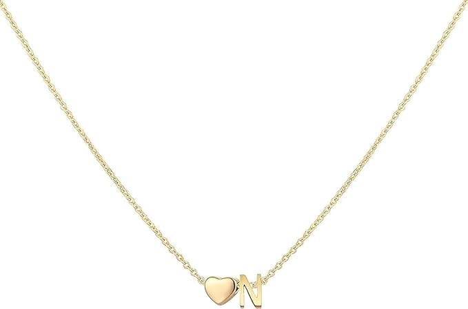Initial Letter With Heart Pendant Necklace, Gold Plated Chain, Dainty Jewelry