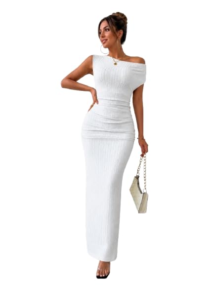 Women's One Shoulder Maxi Dress-Ribbed Fabric-Elegant Bodycon Design-Korech-White-One Size Dress-80K-Style#:694B