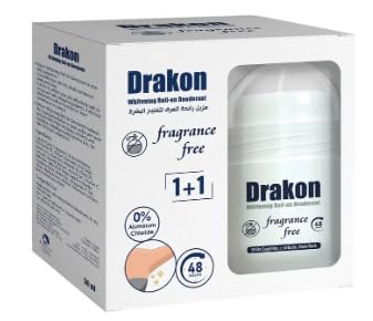 Drakon Whitening Roll-On Deodorant 5in1 Fragrance Free Scent, 48h Protection For Sensitive Skin Aluminum Chloride & Alcohol Free,(1+1) Promopack - 50ml+50ml