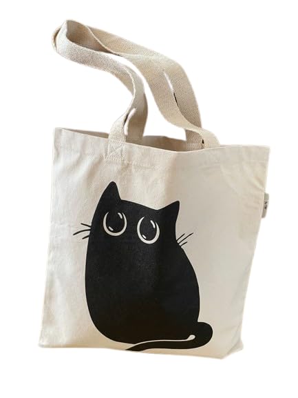 SM4U Black Cat Canvas Tote Bag – Eco-Friendly Reusable Handbag for Everyday Use, Gift for Cat Lovers