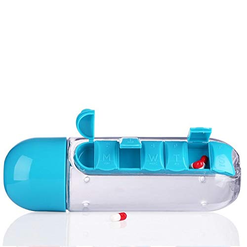 COOLBABY Blue Water Bottle With Built-In Daily Pill Box Organizer